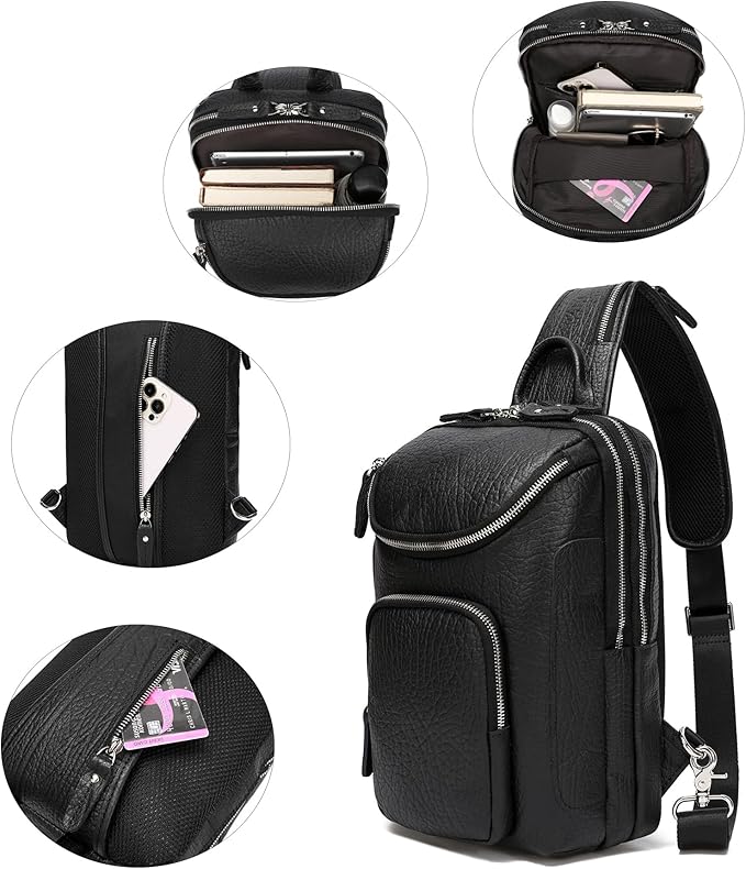 LANNSYNE Vintage Full Grain Leather Sling Bag Crossbody Chest Daypack