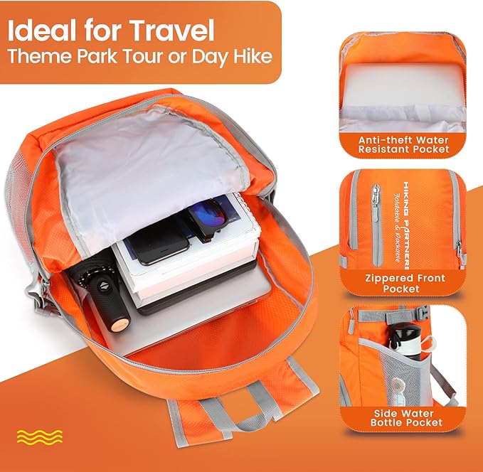 ZOMAKE Lightweight Packable Backpack, 35L Light Foldable Hiking Backpacks Water Resistant Collapsible Daypack for Travel(Orange)