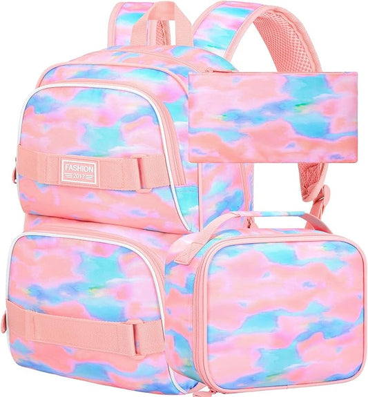 3Pcs Backpack for Girls Women, 17 Inches Tie-dye College School Bookbag Set for Teens Students, Water Resistant Laptop Backpacks with Lunch Bag(Pink)