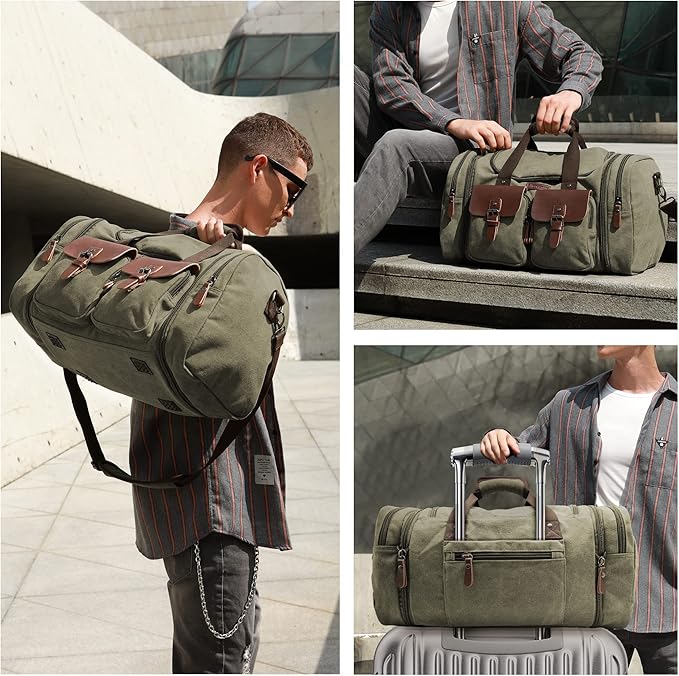 Wildroad 50L Travel Duffel Bag, Expandable Canvas Genuine Leather Duffle Bag Upgraded Overnight Weekender Carry on Bag