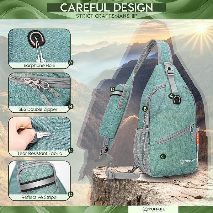 ZOMAKE Sling Bag,Small Crossbody Sling Backpack,Water Resistant Shoulder Daypack for Travel,Anti Thief Chest Bag for Hiking(Turquoise)