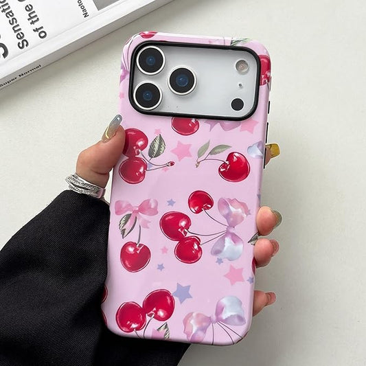 QLTYPRI Case for iPhone 17 Pro, Aesthetic Cute Pink Cherry Bow Phone Case for Girls Women, Protective Hybrid 2-Layer Hard Shell Silicone Cover Durable Shockproof Phone Cover - Pink