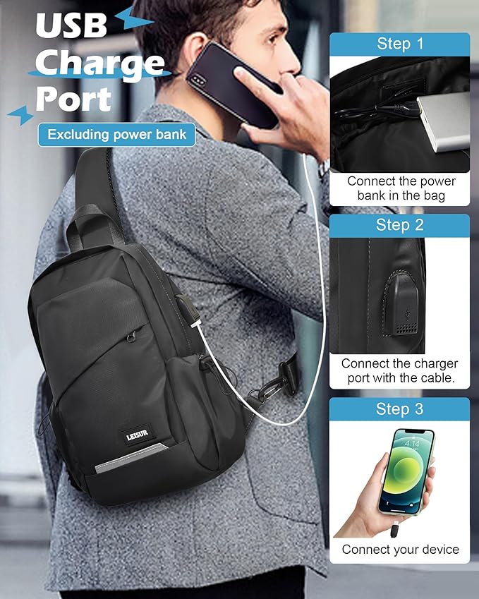 Black Crossbody Sling Backpacks Sling Bag for Men Women, Small Shoulder Backpack Motorcycle Chest Bags One Strap Backpack, Mini Chest Daypack for Casual Travel Hiking Gym Outdoor Sports