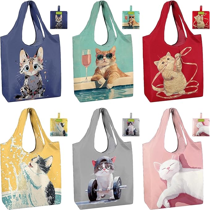 BeeGreen Cat Reusable Grocery Bags 6 Pack, Heavy Duty Totes for Women, Foldable Grocery Bag Large Shopping Totes with Handles for Work, Travel, Gift, Store, Polyester Washable Reusable Tote Bag