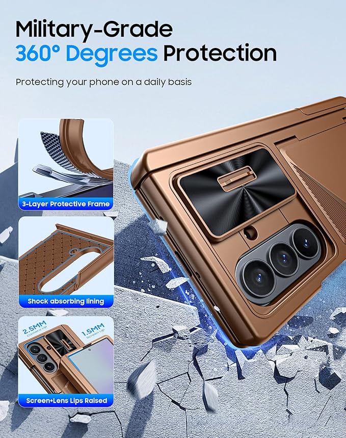 for Samsung Galaxy Z Fold 7 Case with Card Holder RFID Blocking, Built in Slide Lens Cover & Hinge Protection & Kickstand & Screen Protector, Shockproof Wallet Case for Z Fold 7 (Desert Gold)