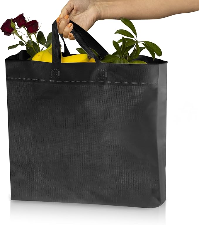 Simply Cool 50 Pack Black Reusable Eco-Friendly Grocery Shopping Bags 12.6"x6.3"x11.8" Durable, Recyclable Shopping Bags Washable, Foldable, Portable Tote Bags Bulk