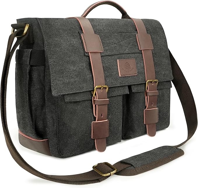Messenger Bag for Men,13-14-15.6 Inch Laptop Bag, Vintage Abrasion-resistant Canvas Satchel Bag, Leather Briefcase for School Work Travel (Black)