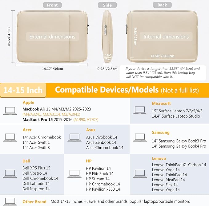 HYZUO 14-15 Inch Laptop Sleeve Bag Set for MacBook Air 15 M4/M3/M2, MacBook Pro 15, XPS 14/15 Plus, 15" Surface Laptop, Notebook Case for 14" HP Lenovo ThinkPad Asus Acer Huawei, Sand