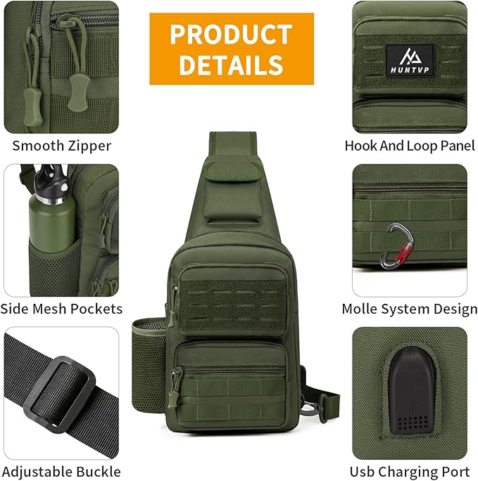 HUNTVP Tactical Sling Bag Crossbody Bag for Men Women EDC Shoulder Bags Molle Sling Backpack Chest Pack for Hiking Hunting Travelling Camping (Type3-Army Green)