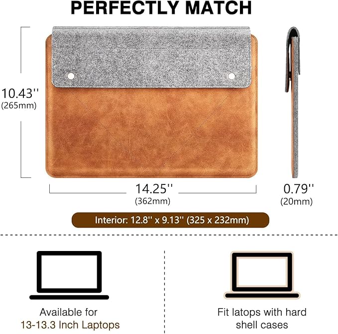 MoKo 13-13.3 Inch Laptop Sleeve Fits MacBook Pro 13" M2/M1, MacBook Pro 14", MacBook Air 13.3", iPad Pro 12.9", Surface Pro 9/8 13", Felt & PU Leather Case Bag with Pocket, Gray&Brown