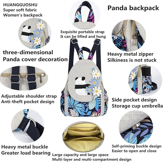 HUANGGUOSHU Women Cotton Woven Bohemian Hemp Boho Canvas Embroidery Multi Pocket Retro Cute Backpack Wallet Backpack Whimsical Cat