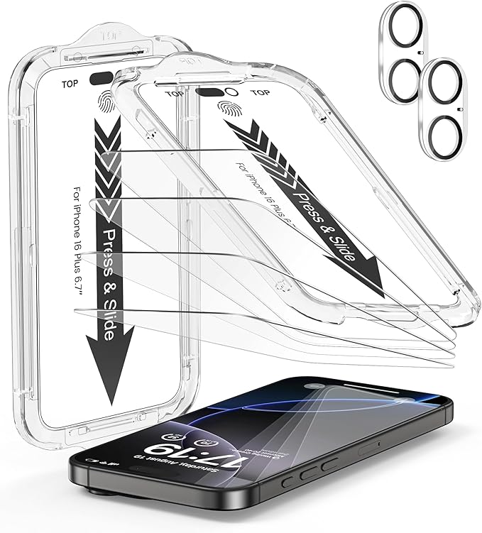 EZ-GLAZ- 4 Pack for iPhone 16 Plus Screen Protector [6.7"] With 2 Pack Camera Lens Protector, 9H+ Hardness 12FT Military Grade Shatterproof Scratch Resistant Durable Tempered Glass Film with Flawless Fit Kit, HD Clear