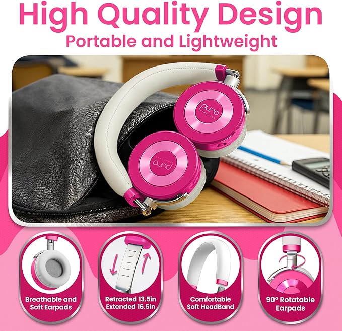 Puro Sound Labs JuniorJam Plus Volume-Limiting Wireless Bluetooth Headphones for Kids, Secure Audio with Adjustable On-Ear Design, 22-Hour Battery, Ideal for Tablets, Smartphones & PCs - Pink