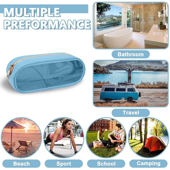 Clear Small Pencil Pouch Makeup Bag for Purse,Nylon&PVC Pencil Case Waterproof Makeup Brush Holder with Zipper,Preppy Transparent Pen Bag Travel Cosmetic Bag for Women Office(Slim-Blue)