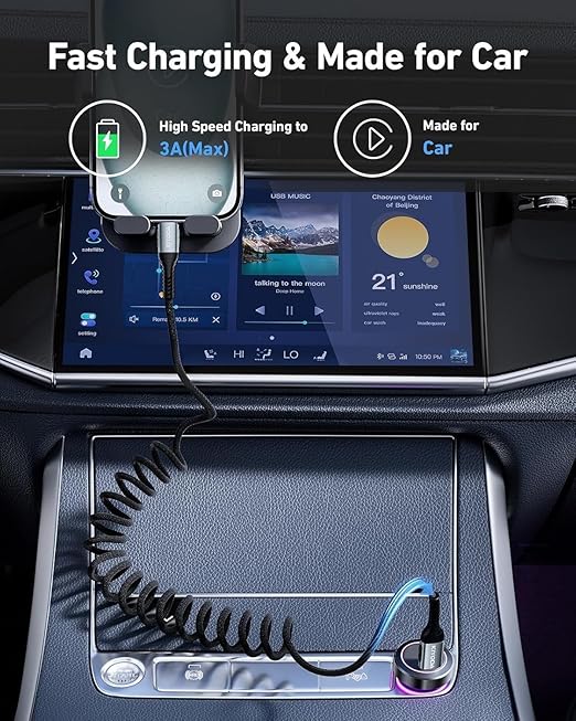 USB C Cable for Car 3FT/6FT, Coiled USB C to USB C Cable Fast Charging 66W, Braided USB Type C Charger Cord Compatible with iPhone 17 16 15 Pro Max, Samsung, Google Phones and More Type C Devices