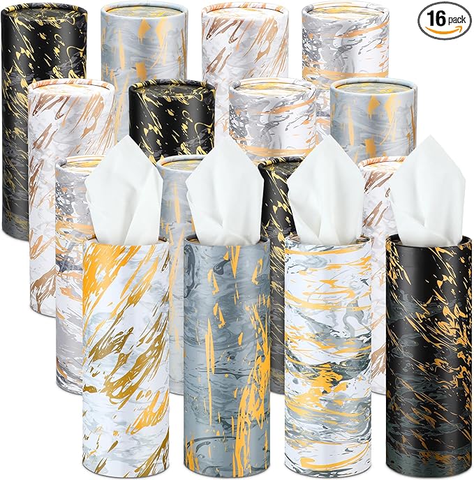 Thenshop 16 Pack 7.1x2.7" Car Tissues Cylinder with 7.1x5.9" Napkin 3 Ply Facial Tissues Bulk Round Boxes Paper Tubes Decorative Container for Car Cup Holder Home Travel Everyday Refill