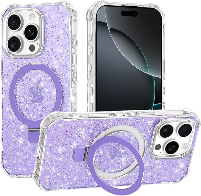 Magnetic for iPhone 16 Pro Case with Invisible Stand, Compatible with MagSafe, Clear Bling Sparkle Shockproof Slim Anti-Slip Military Drop Protection Hard Phone Case 6.1" Glitter Purple