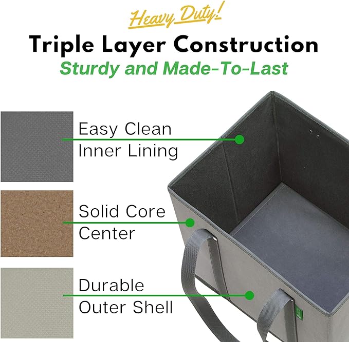 Creative Green Life Reusable Grocery Bags (3 Pack) – Heavy Duty Reusable Shopping Bags with Box Shape to Stand Up, Stay Open, Fold Flat – Large Tote Bags with Long Handles & Reinforced Bottom (Gray)