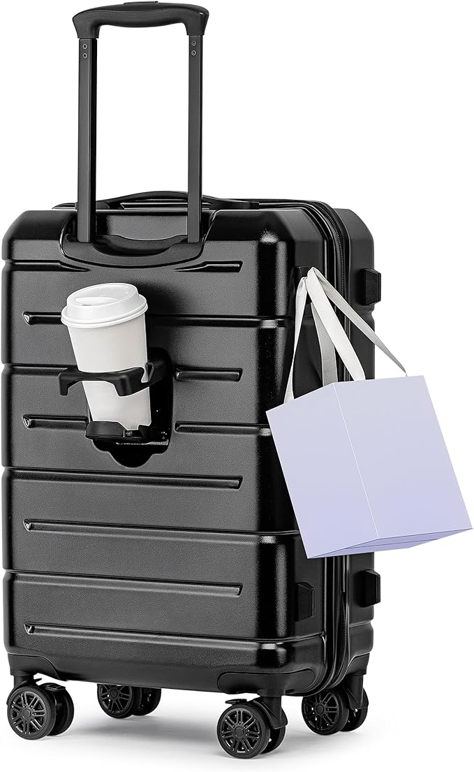 KYME Carry On Luggage 22x14x9 Airline Approved Hard Shell Carry On Suitcase with TSA Lock Hardside Suitcases with Wheels Travel Rolling 22 Inch Luggage with Cup Holder for Men Women Black
