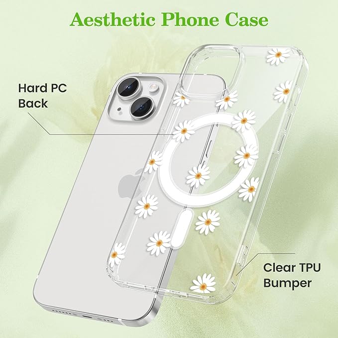 ZTOFERA for iPhone 15 Magnetic Case Compatible with Magsafe,Aesthetic Floral Pattern Design Cute for Girl Women,Anti-Drop Protective Hard Phone Cover for iPhone 15-Daisy