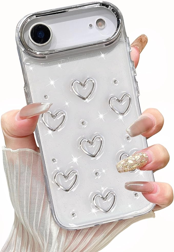 EYZUTAK Case for iPhone Air, Bling Glitter 3D Hearts Phone Case Cute Sparkly Crystal Clear Heart Aesthetic Design Cover Slim Soft Durable TPU Transparent Protective Cover for Women Girls - Heart