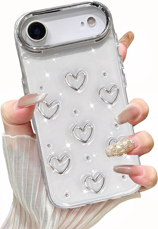 EYZUTAK Case for iPhone Air, Bling Glitter 3D Hearts Phone Case Cute Sparkly Crystal Clear Heart Aesthetic Design Cover Slim Soft Durable TPU Transparent Protective Cover for Women Girls - Heart