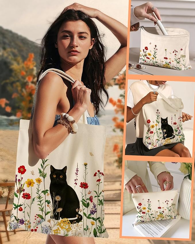 2 Pack Canvas Tote Bag - with Makeup Pouch Aesthetic Cute Women Reusable Canvas Bag for Shopping, Work, Travel