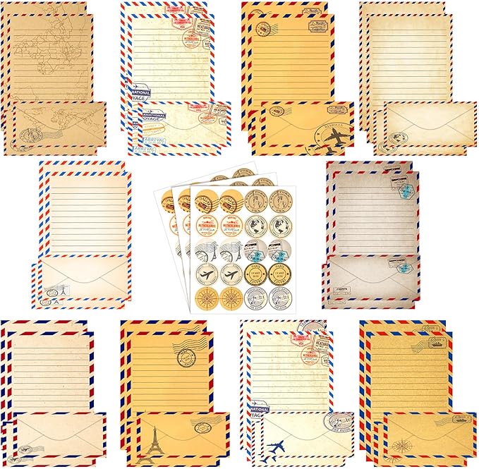 TaoBary 160 Pcs Stationery Paper Set 50 Double Sided Stationery Papers with 50 Matching Envelopes and 60 Round Dot Sticker, 10 Design(Vintage Travel,8.5 x 11 Inch)