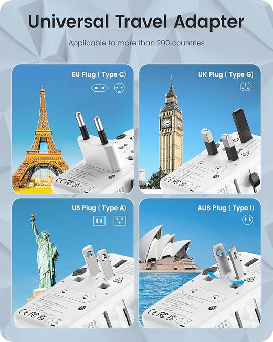 LENCENT 65W Universal Travel Adapter, GaN International Fast Charger 2 USB-A & 2 USB-C Power Plug Converter, Power Outlet Adapter for Phones,Laptops, All in One Travel Essentials for EU/USA/UK/AU