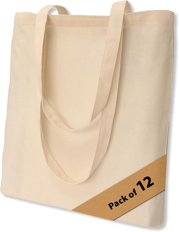 5|6|12|24 Pack Cotton Canvas Tote Bags, Reusable Shopping Grocery Bag, 16”x15” Blank Bulk Cloth Bags for DIY & Promo