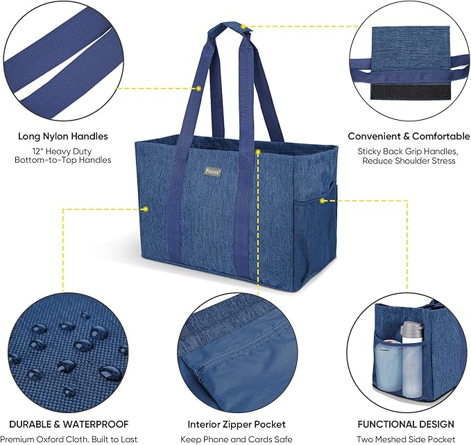 BALEINE Soft 9 Gallon Extra Large Utility Tote, Foldable Reusable Storage Bag (Denim Blue)