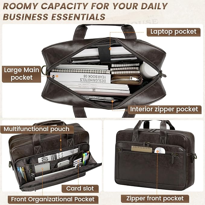 RAINSMORE Mens Laptop Bag 16 Inch Leather Briefcase Vintage Messenger Bag for Men Large Crossbody Shoulder Office Computer Bag Retro College Satchel for Work, Business,Travel, Coffee