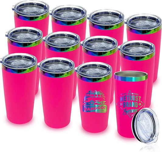 20 oz Stainless Steel Tumbler with Lid and Straw Double Wall Vacuum Insulated Coffee Mug Powder Coated Cup for Hot and Cold Drinks (Rosy,12 pack)