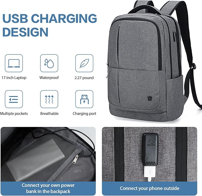 OIWAS Laptop Backpack 17 Inch For Men Business Bagpack Women Travel Daypack Large Backpack (Grey)