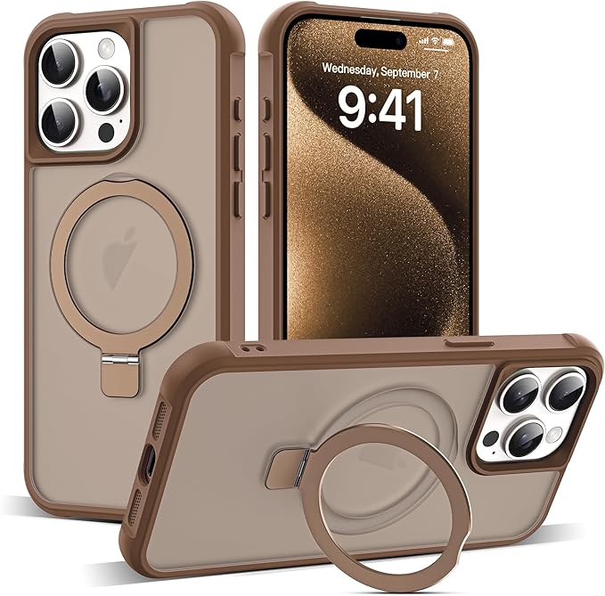 Compatible with iPhone 15 Pro Case with Invisible Magnetic O-Ring Stand Military-Grade Translucent Case for iPhone 15 Pro 6.1" [Compatible with Mag-Safe][Great Grip Feeling],Desert Brown