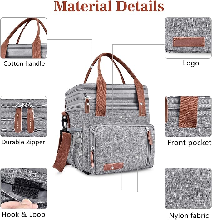 LOKASS Lunch Box for Women, 16L, Double Deck Expandable Insulated Lunch box For Adults/Women Thermal Large Waterproof Leakproof Cooler Bag with Shoulder Strap - Grey