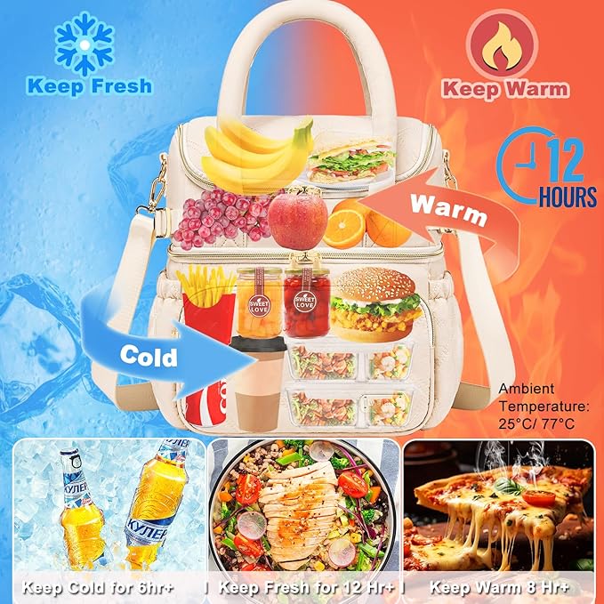 Weitars Lunch Bag for Women Men,Double Deck Lunch Box for Women,Quilted Lunch Tote for Work,Insulated Lunch Cooler Leakproof Lunchbox for Adult with Shoulder Strap &Pockets for Picnic Hiking (Beige)