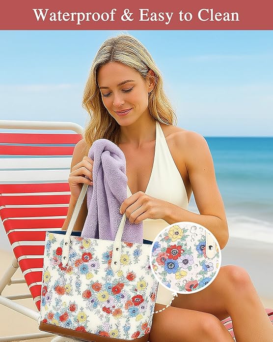 Nylon Tote Bag for Women, Floral 2-in-1 Set with Makeup Bag, Waterproof Large Capacity Shoulder Purse for Travel & Gift