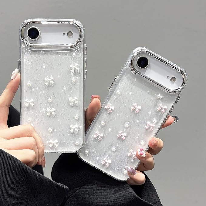 EYZUTAK Case for iPhone Air, Bling Glitter 3D Bowknot Phone Case Cute Sparkly Crystal Clear Bow Aesthetic Design Cover Slim Soft Durable TPU Transparent Protective Cover for Women Girl - White Bow
