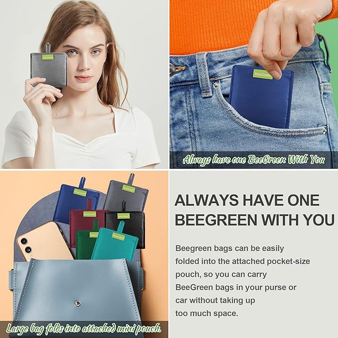 BeeGreen Foldable Travel Bag Reusable Gifts Bags - Reusable Grocery Bags Large Holiday Gifts Cloth Tote With Handles - Bulk Reusable Shopping Bags for Women (Beach Storage Washable Collapsible)