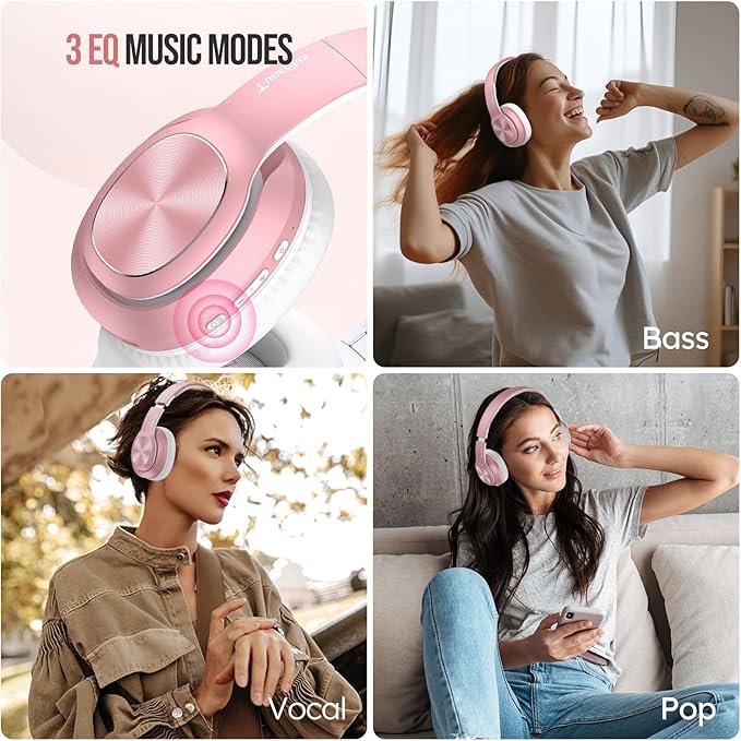 TuneFlux Wireless Bluetooth Headphones Over Ear, 80H Playtime, 3EQ Sound Modes, HiFi Stereo Headphones with Deep Bass, Foldable Bluetooth 5.3 Headsets for Smartphone/PC/Computer-Rose Gold