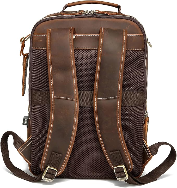LANNSYNE Vintage Genuine Leather Backpack For Men 15.6 Inch Laptop Bag Overnight Weekender Camping Daypack Rucksack