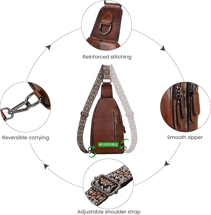 HESHE Leather Sling Bag for Women Crossbody Bags with Multi-Pocket Stylish Fanny Packs for Travel Chest Bag