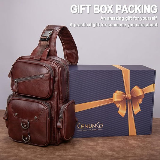 Genuine Leather Sling Bag for Men Large Crossbody Shoulder Bag Casual Sling Backpack Anti-Theft Travel Chest Purse