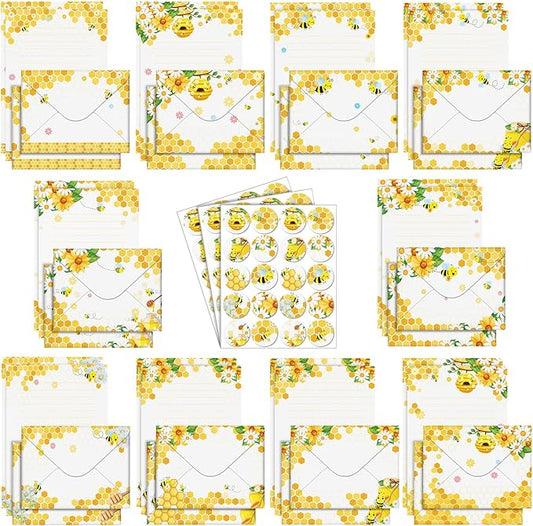 TaoBary 160 Pcs Stationery Paper Set 50 Double Sided Stationery Papers with 50 Matching Envelopes and 60 Round Dot Sticker, 10 Design(Bee,8.25 x5.5 Inch)