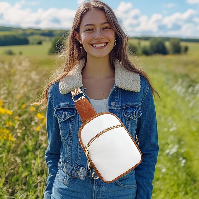 Yarnic Anti Theft Small Sling Bag for Women Men, RFID Cross body Purses Vegan Pu Leather Chest Bag with Adjustable Strap Handbag for Travel Work (White+Brown)