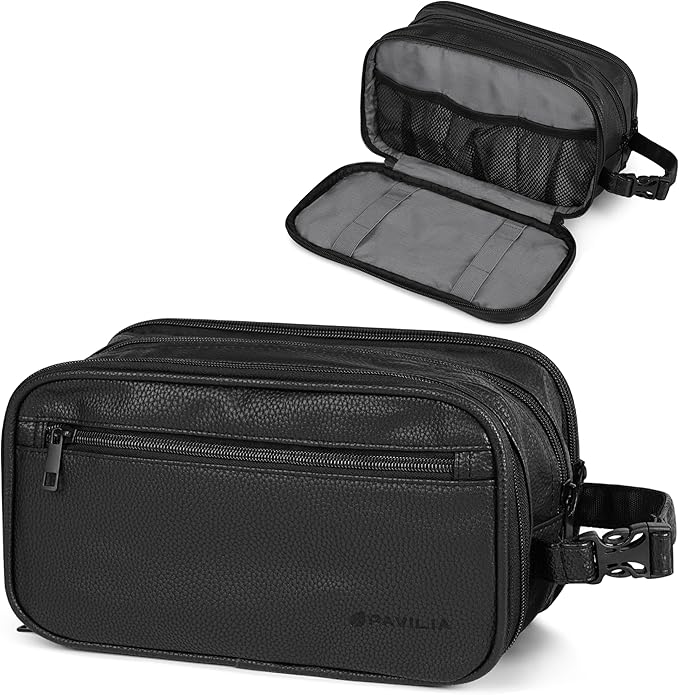 PAVILIA Toiletry Bag for Men, Travel Pouch Essentials Shaving Dopp Kit, Travel Bag Toiletries Organizer Case, Cosmetic Make Up Accessory, Water Resistant