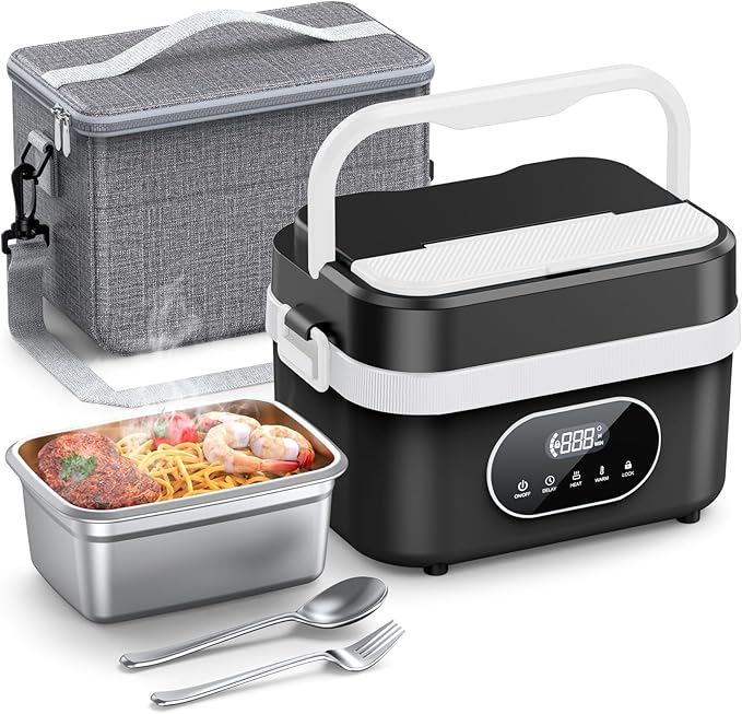 Cordless Electric Lunch Box for Adults, Rechargeable Portable Self-Heating Lunch Box Food Warmer, 1.5L Container for Outdoor, Work, Office, Camping, Travel (Black＆White)