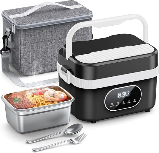 Cordless Electric Lunch Box for Adults, Rechargeable Portable Self-Heating Lunch Box Food Warmer, 1.5L Container for Outdoor, Work, Office, Camping, Travel (Black＆White)