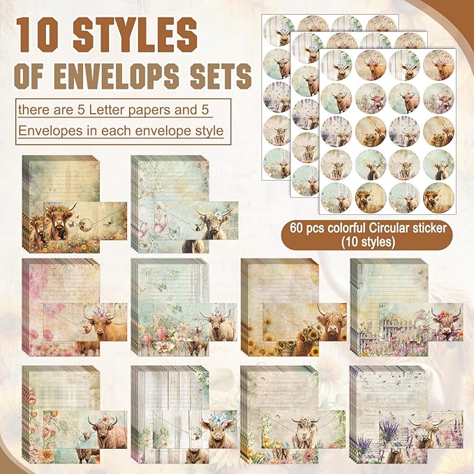 TaoBary 160 Pcs Stationery Paper Set 50 Double Sided Stationery Papers with 50 Matching Envelopes and 60 Round Dot Sticker, 10 Design(Floral Highland Cow,8.5 x 11 Inch)